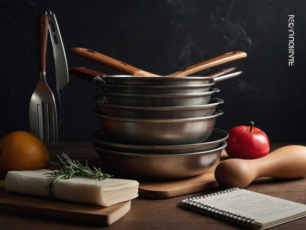 Assorted cookbooks and utensils